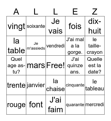 French I Semaine 4 Bingo Card