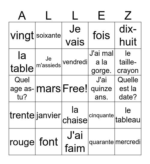 French I Semaine 4 Bingo Card