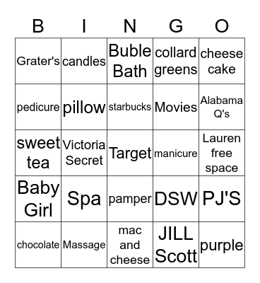 Lauren's Pampering Game Bingo Card