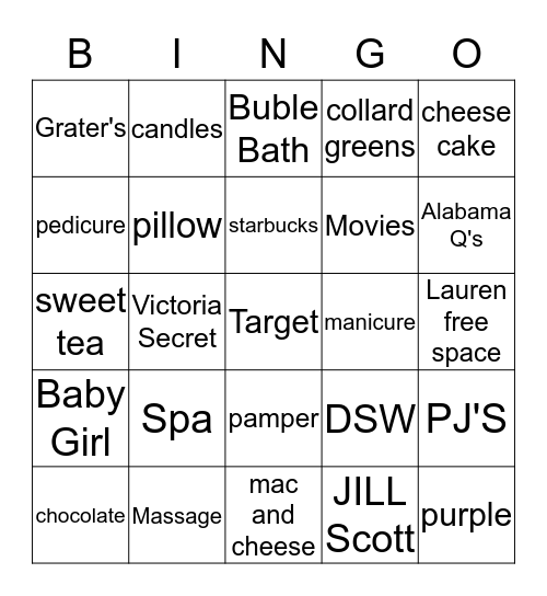 Lauren's Pampering Game Bingo Card