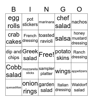 Appetizers and Salads Bingo Card