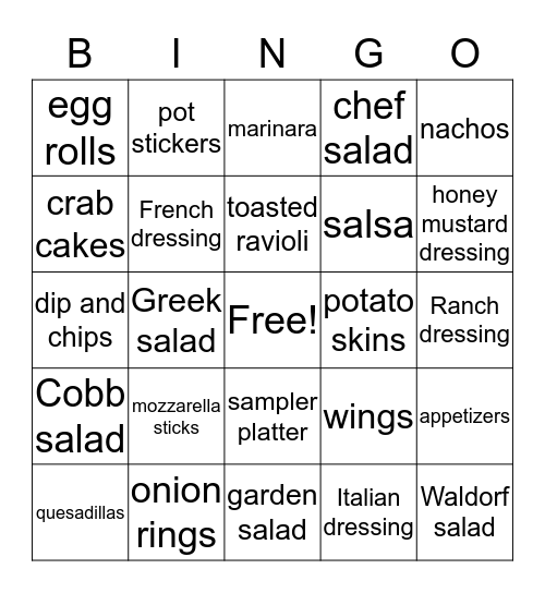 Appetizers and Salads Bingo Card