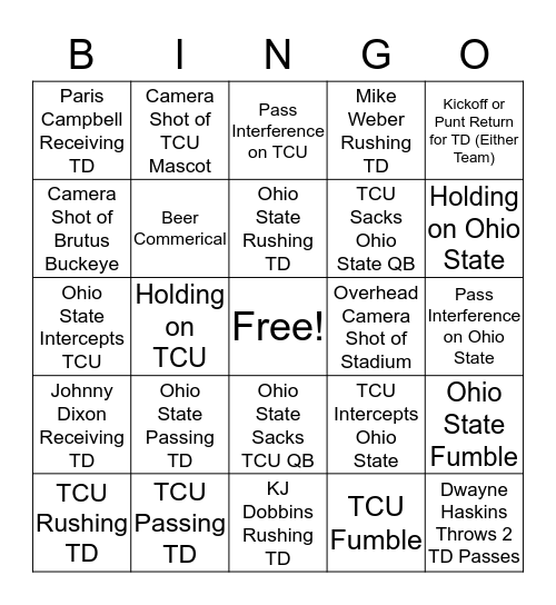 Buckeye Bingo  Bingo Card