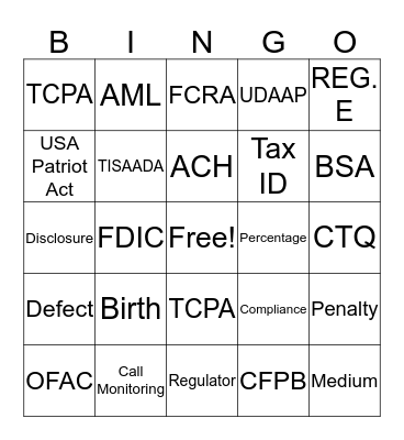 Compliance Bingo  Bingo Card