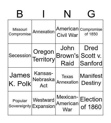 Unit 5 Dividing a Nation Bingo Card