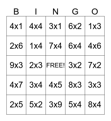 Multiplication Arrays Bingo Card