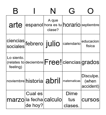 Clases y Meses Bingo Card