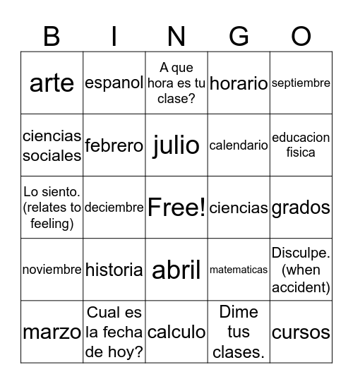 Clases y Meses Bingo Card