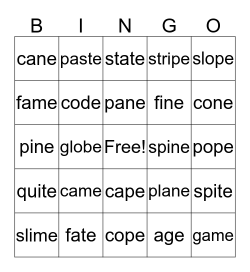 Vowel Consonant e Syllable Bingo Card