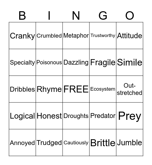 VOCABULARY BINGO Card