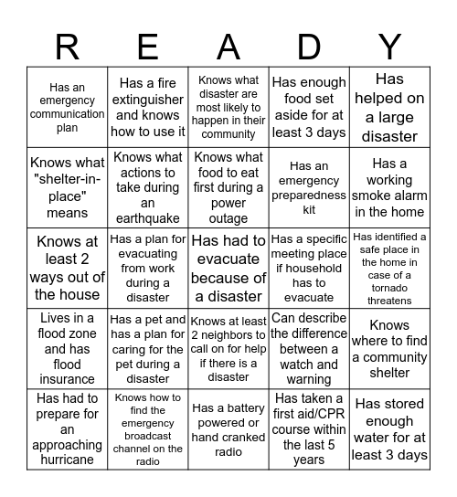 Are You Prepared? Bingo Card