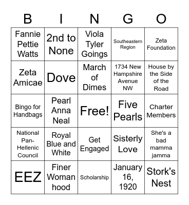 Zeta Phi Beta Bingo Card