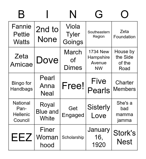 Zeta Phi Beta Bingo Card