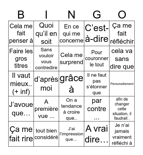 Donner son opinion Bingo Card