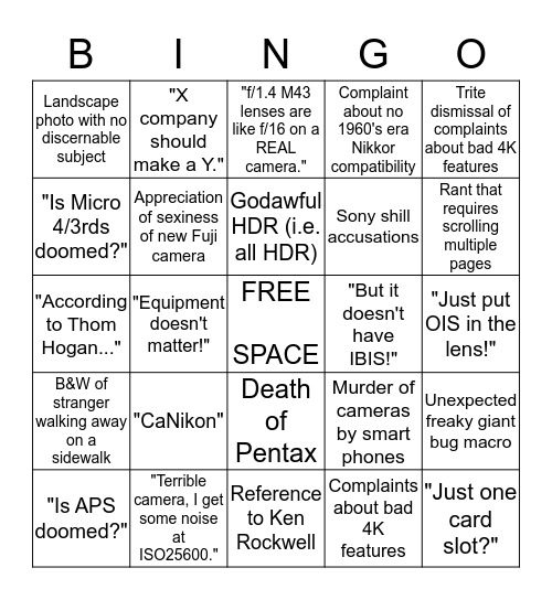 DPReview Forum Conversation Bingo Card