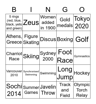 Olympics Bingo Card