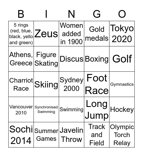 Olympics Bingo Card