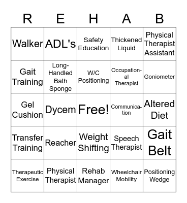 Rehab Awareness Week 2018 Bingo Card