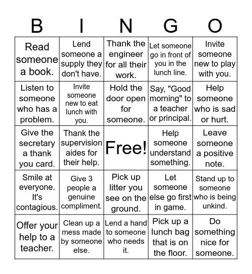 KINDNESS CHALLENGE Bingo Card