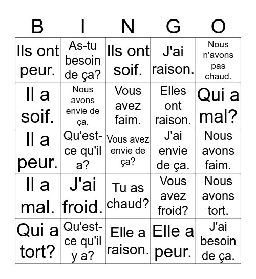 Les expressions avec le verbe avoir Bingo Card
