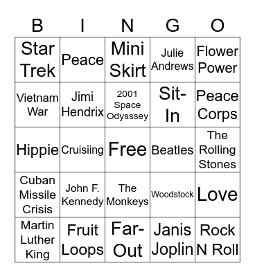 The 1960's Bingo Card