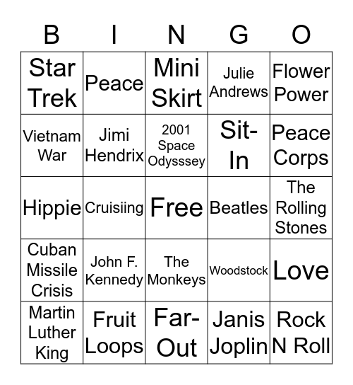 The 1960's Bingo Card