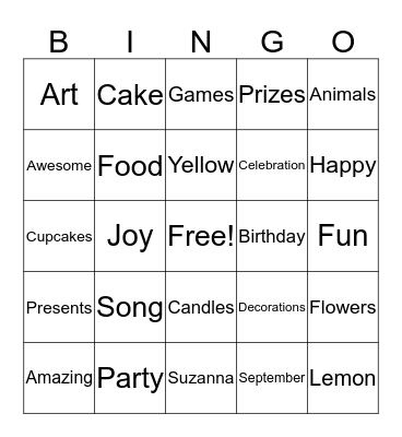 Suzanna's Birthday Bingo Card