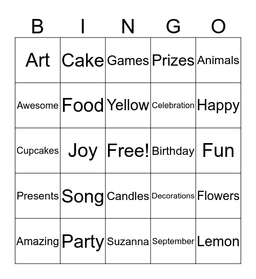 Suzanna's Birthday Bingo Card