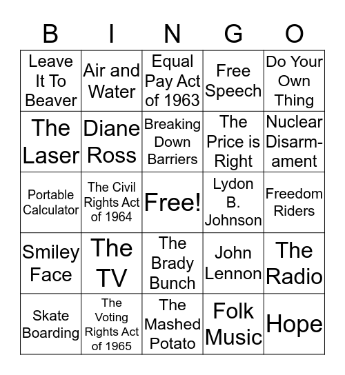 The 1960's Bingo Card