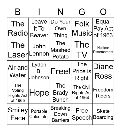 The 1960's Bingo Card