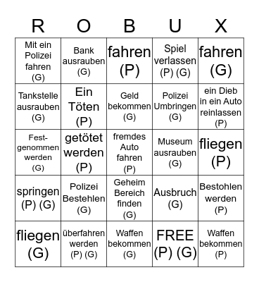 Roblox Challenge Bingo Card