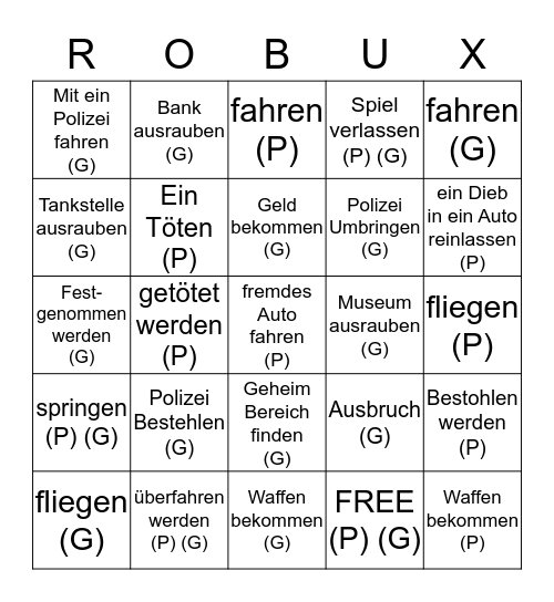 Roblox Challenge Bingo Card