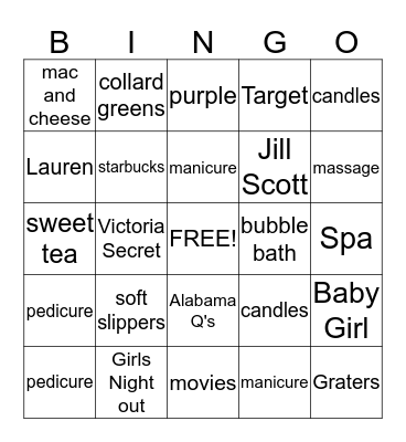 Lauren's Pampering Game Bingo Card