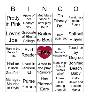 BRIDE * BRIDE * BRIDE  Bingo Card