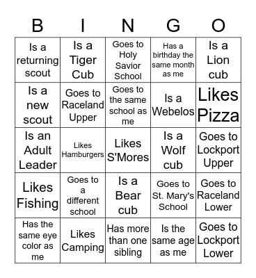 Cub Scout New Friends BINGO Card