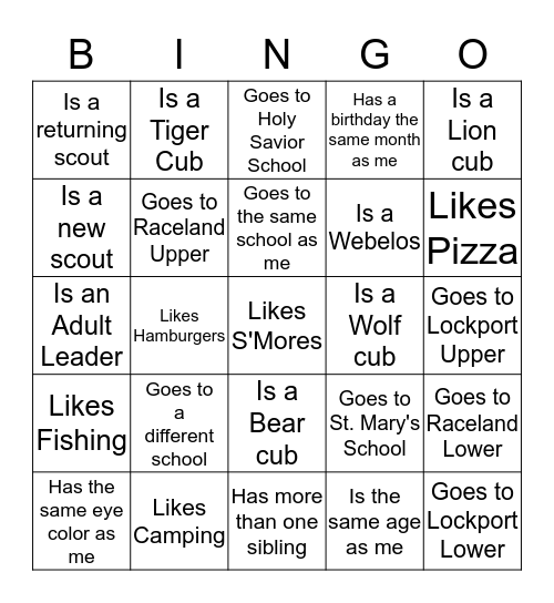 Cub Scout New Friends BINGO Card