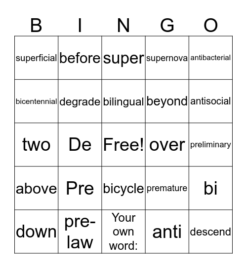 Latin Stems Bingo Card