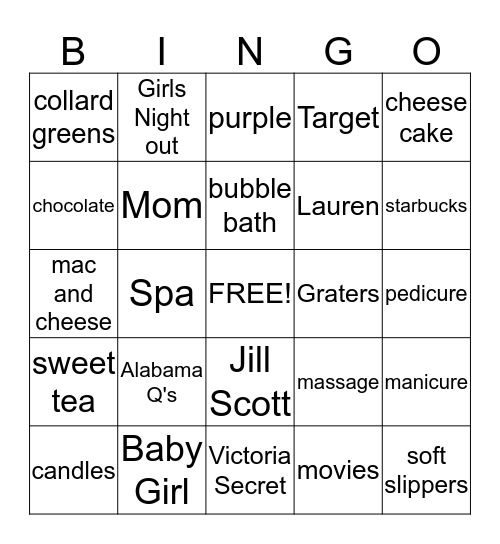 Lauren's Pampering Game Bingo Card