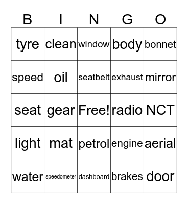 Car vocabulary Bingo Card