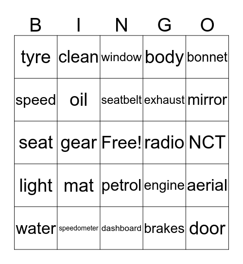 Car vocabulary Bingo Card