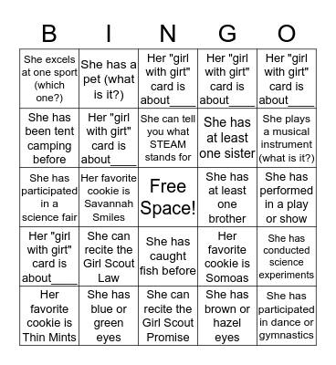 Girl Scout Junior Bingo Card