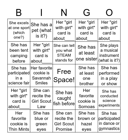 Girl Scout Junior Bingo Card