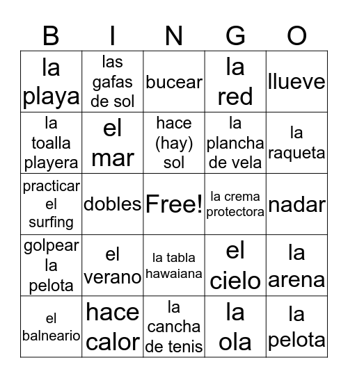 Spanish 2 G1 Vocab  Bingo Card