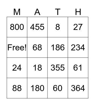 MENTAL MATH BINGO Card
