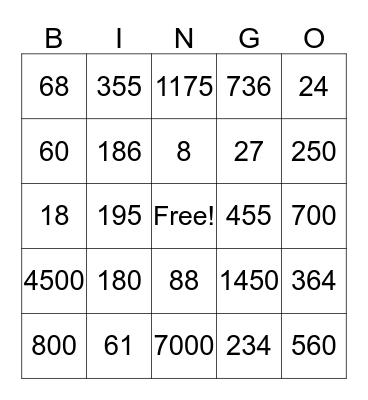 MENTAL MATH BINGO Card