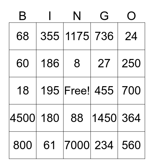 MENTAL MATH BINGO Card
