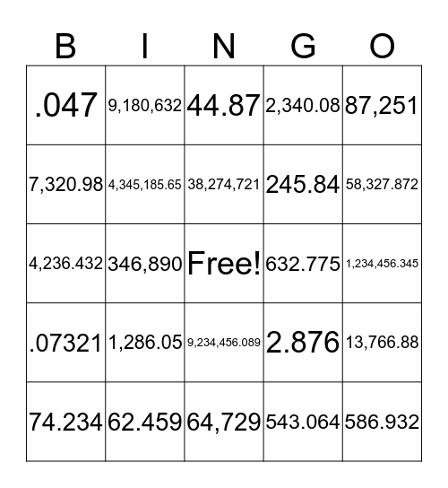Place Value and Rounding Bingo Card
