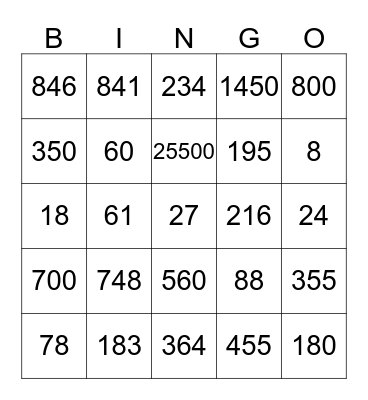 MENTAL MATH BINGO Card