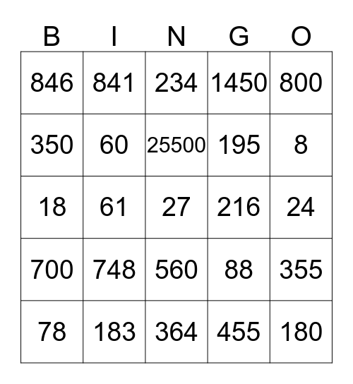MENTAL MATH BINGO Card