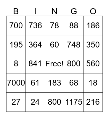 MENTAL MATH BINGO Card